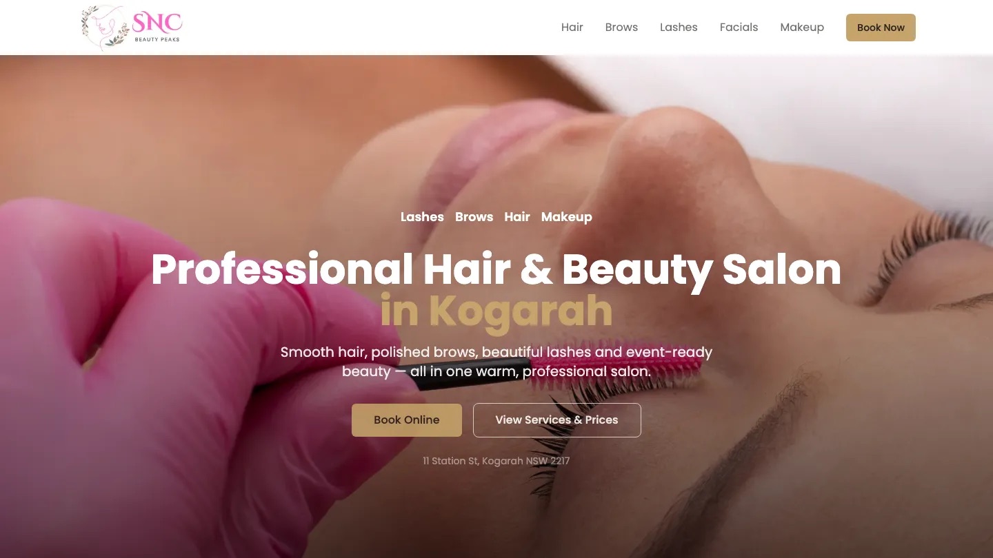 SNC Beauty Peaks website homepage showing its service and booking experience
