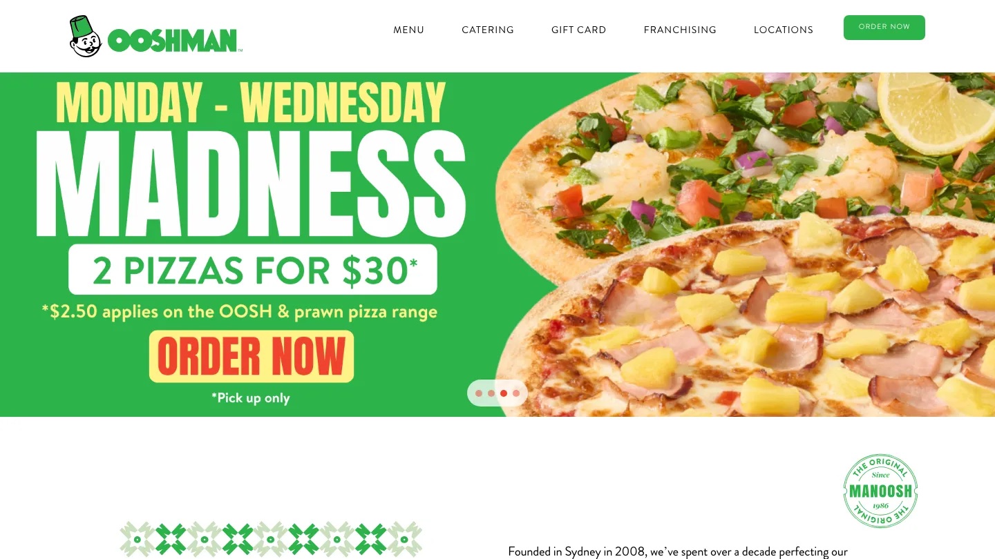 OOSHMAN website homepage showing its ordering promotion and navigation