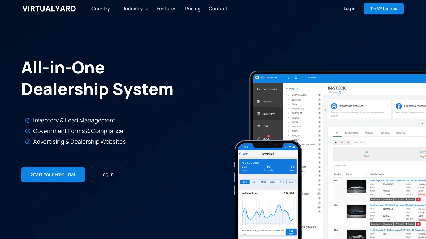 Virtual Yard website homepage presenting its dealership management platform